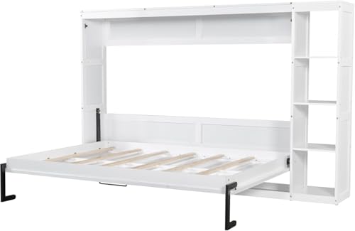 Virubi Full Horizontal Murphy Bed with Storage Shelves,Wood Fold Up Modern Murphy Wall Bed Cabinet with Storage Bookcase for Adults (White,Full) Virubi