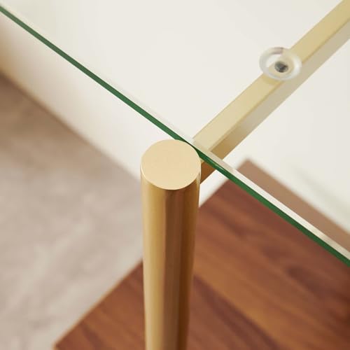LumFurn Glass Console Table for Living Room, Foyer & Entrance, 2-Tiers Mid-Century Modern Sofa Table with Clear Glass Top, Walnut Finish Wood Top and Gold Finish Metal Frame LumFurn