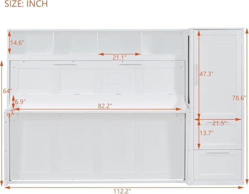 Virubi Queen Horizontal Murphy Bed with Storage Wardrobe Closet,2 Drawer,4 Storage Shelves,Wood Folding Murphy Wall Bed Cabinet for Adult (Grey,Queen) Virubi