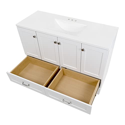 Spring Mill Cabinets Emlyn 48 Inch Bathroom Vanity with White Single Sink Top, 3 Cabinets, 2 Shelves, 2 Drawers, 48.5" W x 18.75" D x 32.89" H, White