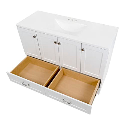 Spring Mill Cabinets Emlyn 48 Inch Bathroom Vanity with White Single Sink Top, 3 Cabinets, 2 Shelves, 2 Drawers, 48.5" W x 18.75" D x 32.89" H, White