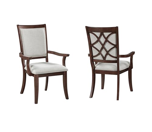 Yozma Traditional Dining Armchairs Set of 2, Cherry Finish Wooden Frame with Beige Upholstered Seat – Elegant Formal Dining Room for Yozma