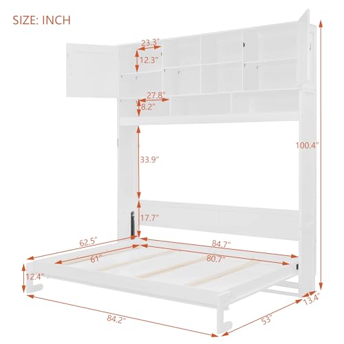 SOFTSEA Queen Size Horizontal Murphy Bed with Shelves, Foldable Wall Bed with Top Cabinets, Space-Saving Hidden Murphy Bed Frame for Guest Room, Bedroom, Office, White SOFTSEA