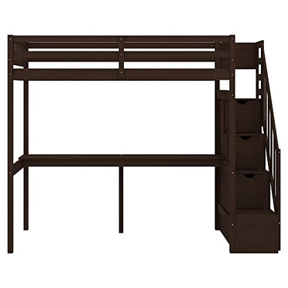 Espresso Twin Size Loft Bed with Storage Steps and Built-in Desk for Kids - WoodArtSupply