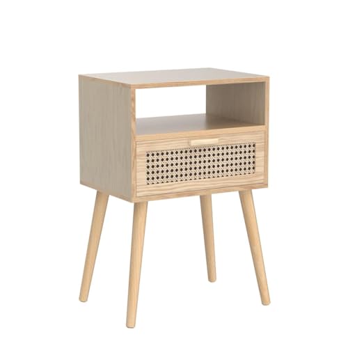 MaxSmeo Modern Nightstand Rattan Side End Table with Storage, for Living Room, Bedroom and Small Spaces, Accent Bedside Farmhouse Tables with Solid Wood Legs, Easy Assembly (Natural Walnut) - WoodArtSupply