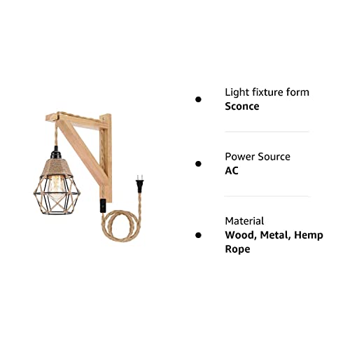 Frideko Wall Lamp with Plug in Cord - Plug in Wall Sconces, Farmhouse Hanging Lamps That Plug into Wall Outlet, Rustic Wall Mount Lamp with Wood Shelf Bracket & Switch Cord for Living Room, Bedroom FRIDEKO HOME