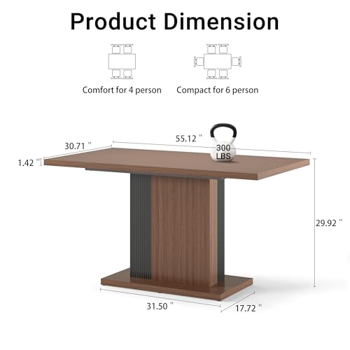 Manora 55" Modern Farmhouse Dining Table for 6 People, Rectangular Kitchen & Dining Room Wood Table with Pedestal Base, Walnut Finish Manora