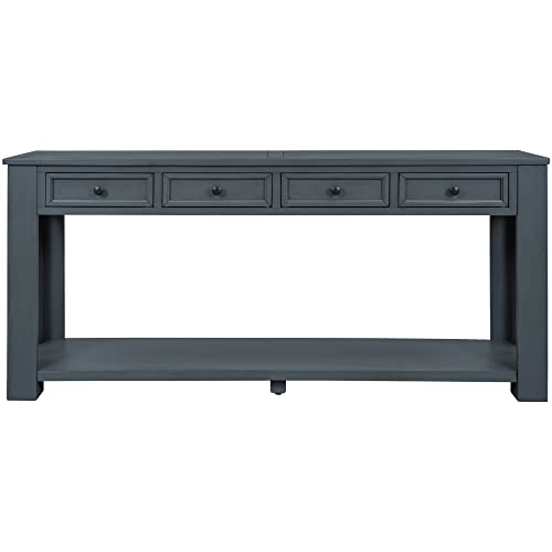 Knocbel Console Table with 4 Storage Drawers Bottom Shelf, Rustic Distressed Sofa Table for Entryway Hallway, Assembly Required, 63" W x 14" D x 30" H, Navy Knocbel