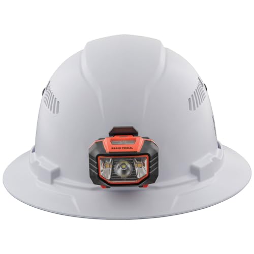 Klein Tools 60407 Hard Hat with Light, Vented Full Brim Style, Padded, Self-Wicking Odor-Resistant Sweatband, White Klein Tools