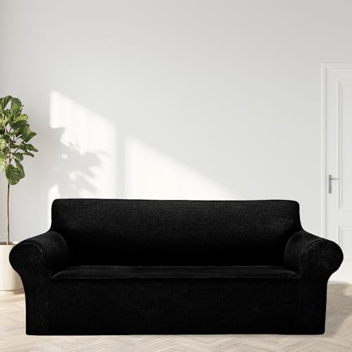 Cupuamon 2026 New Stretch Sofa Slipcovers Couch Cover for 3 Cushion Furniture Protector Sofa Covers with Elastic Bottom Jacquard Fabric Small Checks for Pets, Kids -Sofa, Black Cupuamon