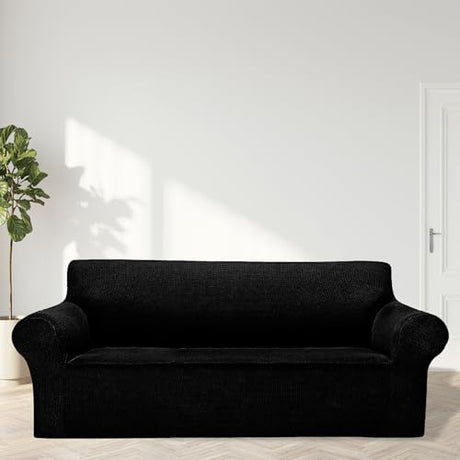 Cupuamon 2026 New Stretch Sofa Slipcovers Couch Cover for 3 Cushion Furniture Protector Sofa Covers with Elastic Bottom Jacquard Fabric Small Checks for Pets, Kids -Sofa, Black Cupuamon