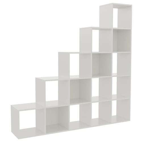 OSCHF Ladder Cube Storage Bookcase - Wooden L-Shaped 5-Tier Corner Shelf, Reversible 15-Cube Organizer for Home & Office, White OSCHF