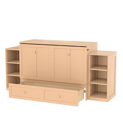 Ball & Cast Murphy Bed Full Size Bed Frame with Spacious Storage Drawers and Open Shelves,Wood Hideaway Beds w/No Box Spring Needed,Slat Support,for Apartment,Bedroom,can be Folded,Golden Ball & Cast