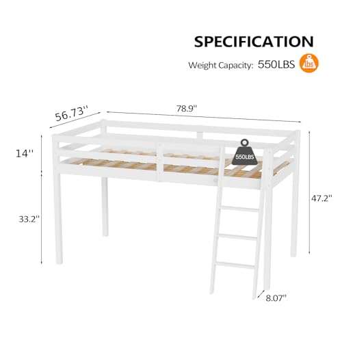 VINGLI Junior Low Loft Bed with Stairs, White Wood Loft Bed Full Size for Adults, Kids and Young Teens, No Box Spring Required,Wood Slat Support VINGLI