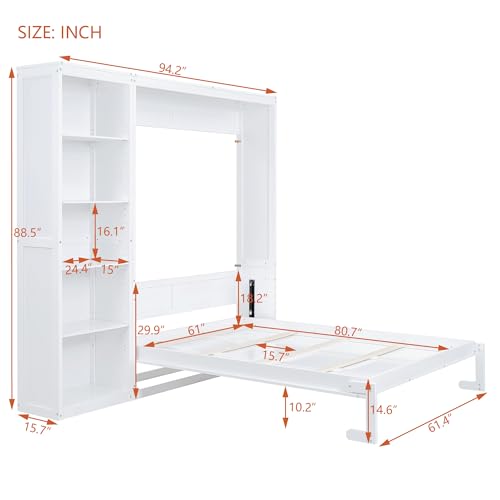 Merax Queen Size Murphy Bed Wall Bed with Storage Shelves, Space-Saving Design Foldable Platform Bed Frame, Fold into The Wall, Multifunctional Bed for Guest-Room, Home, Office, White Merax