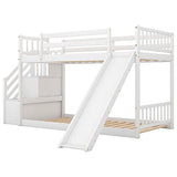 Twin Over Twin Low Bunk Bed with Slide and for Storage Staircase for Teens, Boys or Girls, No Box Sping Needed Merax