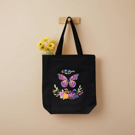 ERKOON Canvas Tote Bag Embroidery Kit for Beginners, Needlepoint Arts Crafts Cross Stitch Kits for Adults Including Stamped Embroidery Bag with Hoops, Needle, Instruction and Color Threads (Butterfly) ERKOON