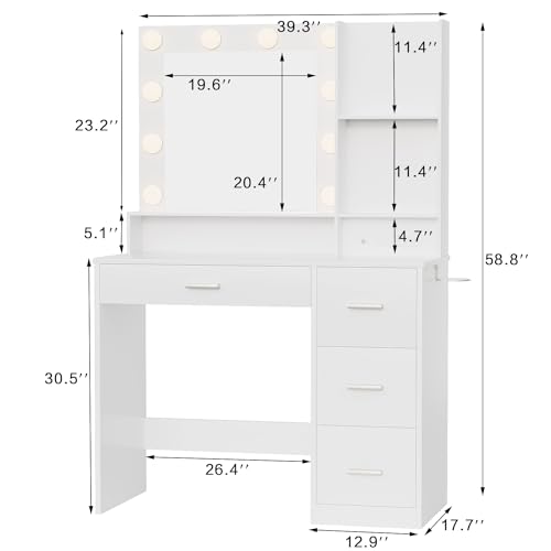 YESHOMY Vanity Desk with Mirror, Power Outlet and 10 Lights, Makeup Table with 4 Drawers, 3 Color Modes Available for Bedroom, White YESHOMY
