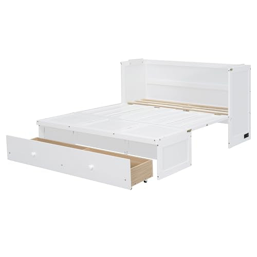Merax Murphy Bed Cabinet Full Size with Storage Drawers, Chest Cube Bed for Guest Room, Built-in Sockets & USB Ports, for Home Office or Small Bedroom, White Merax