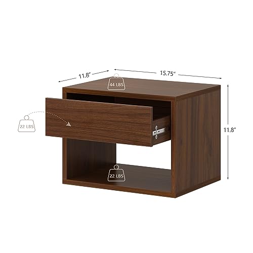 JAXPETY Nightstands Set of 2, Night Stand with Drawer, Floating Nightstand with Open Storage Shelf, Wall Mounted Wood Bedside Tables, End Table, Side Table, for Bedroom, Brown Walnut JAXPETY