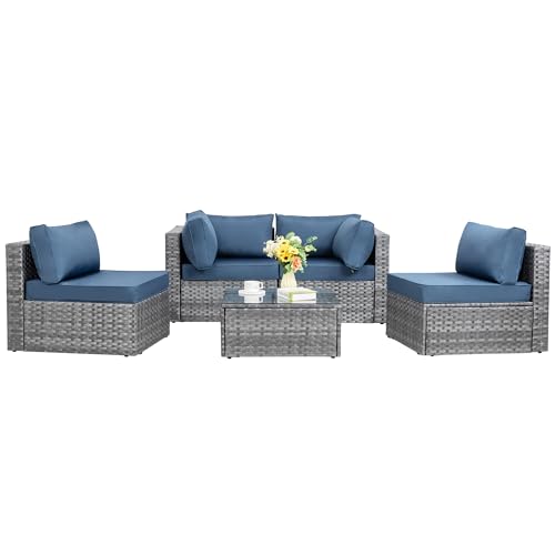 Shintenchi 5 Pieces Outdoor Patio Sectional Sofa Couch, Silver Gray PE Wicker Furniture Conversation Sets with Washable Cushions & Glass Coffee Table for Garden, Poolside, Backyard (Aegean Blue) Shintenchi