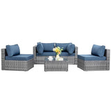 Shintenchi 5 Pieces Outdoor Patio Sectional Sofa Couch, Silver Gray PE Wicker Furniture Conversation Sets with Washable Cushions & Glass Coffee Table for Garden, Poolside, Backyard (Aegean Blue) Shintenchi