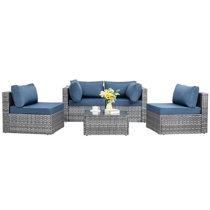 Shintenchi 5 Pieces Outdoor Patio Sectional Sofa Couch, Silver Gray PE Wicker Furniture Conversation Sets with Washable Cushions & Glass Coffee Table for Garden, Poolside, Backyard (Aegean Bl - WoodArtSupply