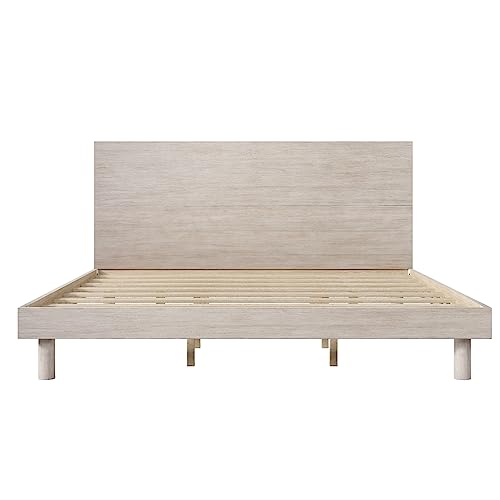 Merax Stone Gray Modern Rustic Solid Wood Platform Bed with High Headboard - WoodArtSupply