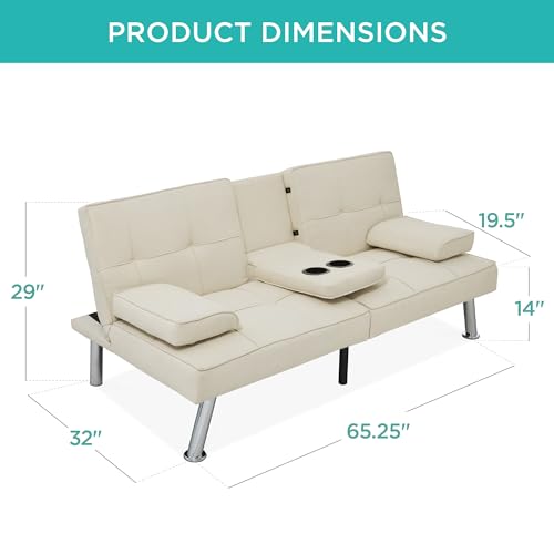 Best Choice Products Linen Modern Folding Futon, Reclining Sofa Bed for Apartment, Dorm w/Removable Armrests, 2 Cupholders - Ivory Best Choice Products