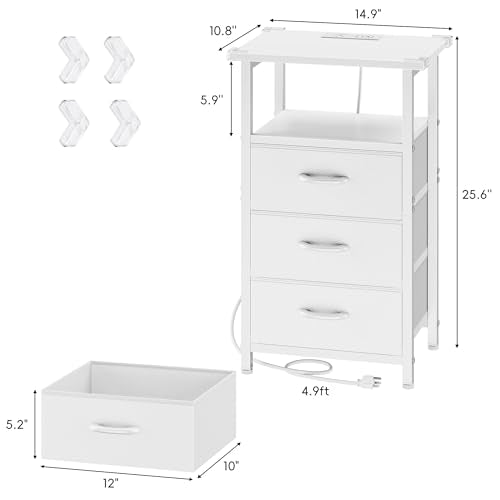 Vagusicc Night stand Set 2 with Charging Station, LED Nightstand for Bedroom, White Bedside Table with 3 Fabric Drawer, End Table Side Table with USB Ports & Outlets, Bed Side Table for Bedroom, White Vagusicc