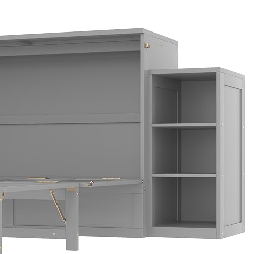 Bellemave Queen Size Murphy Bed, Cabinet Bed with 2 Shelves and Storage Drawers, Farmhouse Murphy Cabinet, Noisy Free, for Guest Bedroom, Living Room, Office, Light Gray Bellemave