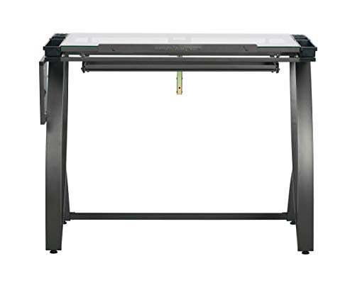 SD STUDIO DESIGNS Futura Luxe Drawing, Drafting, Craft Table with Drawer, 35" Wide Angle Adjustable Top and Side Shelf, Pewter Grey/Clear Glass SD STUDIO DESIGNS