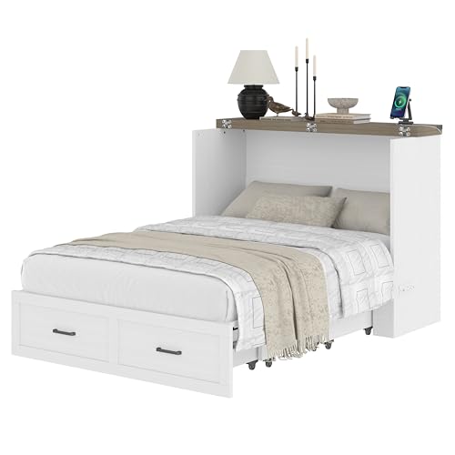 Merax Full Size Murphy Bed with Charging Station, Multi-Functional Foldable Platform Bed with 1 Large Storage Drawer for Guest Room, Small Bedroom, White Merax