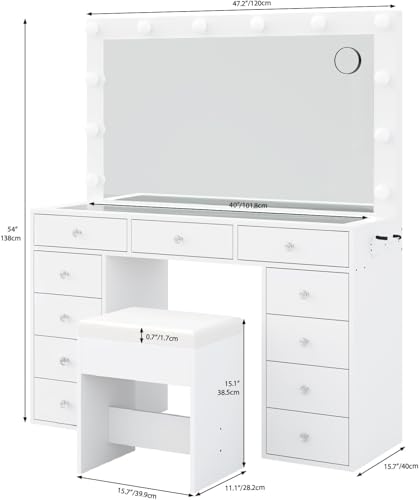 Yanosaku Vanity Desk & Power Outl, Makeup Vanity with Mirror and 12 LED Lights, Makeup Table with 11 Drawers, Vanity Table with Chair,Set 3 Lighting Modes Brightness Adjustable-(White) Yanosaku