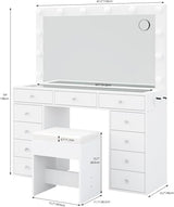 Yanosaku Vanity Desk & Power Outl, Makeup Vanity with Mirror and 12 LED Lights, Makeup Table with 11 Drawers, Vanity Table with Chair,Set 3 Lighting Modes Brightness Adjustable-(White) Yanosaku