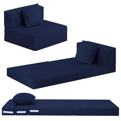 MeMoreCool Foldable Futon Chair Bed for Kids, Toddler Sofa Mattress, Convertible Foam Floor Couch, Tri-fold Sleeping Mattress (Navy) MeMoreCool