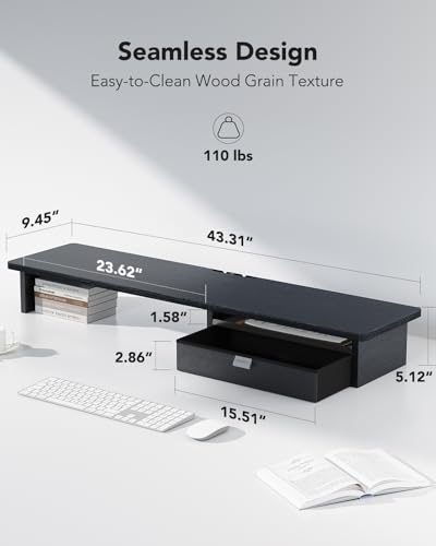 HUANUO Ergonomic Dual Monitor Stand Riser with Steel Tray & Fabric Drawer, Large Desk Organizer with One-Piece Platform, Monitor Stand for Desk, Computer Monitor Stand with Cable Management - WoodArtSupply