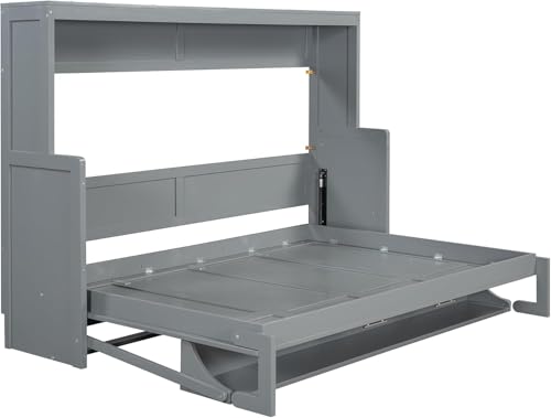 Virubi Full Horizontal Murphy Bed with Desk,Solid Wood Folding Hideaway Murphy Wall Bed for Adult,Guest Room (Grey,Full) Virubi