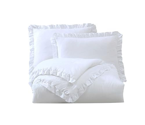 Chezmoi Collection Nora White Comforter Set Full Size 3-Piece Fluffy Soft Stone-Washed Ruffled Shabby Chic Bedding for All Season Chezmoi Collection