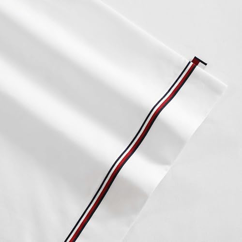 Tommy Hilfiger - Sheet Set, Cotton Percale Bedding with Matching Pillowcases, Crisp & Cool, Premium Quality Home Essentials (Global Stripe Red, King) Tommy Hilfiger