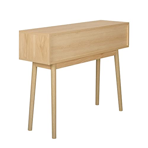 LAZZO 39" Console Table, Oak Grain Sofa Table with Wood Frame, Rustic Hallway Table with 2 Bamboo Weaving Storage Drawers for Foyer Living Room Entryway LAZZO