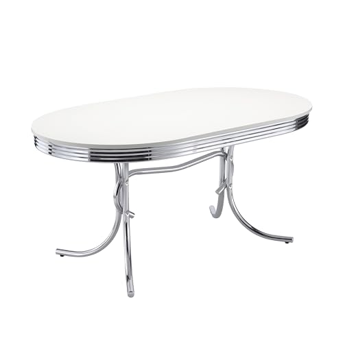 Coaster Home Furnishings Retro 1950s Soda Fountain Diner 5-Piece Dining Room Set Oval Table White Laminate Top Red Faux Leather Upholstered Dining Side Chairs Sturdy Steel Chrome Base 2065-S5R Coaster Fine Furniture