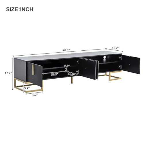 ON-TREND Modern TV Stand with Metal Legs and Gold Handles for TVs Up to 80'', Media Console Table with Cabinets and Adjustable Shelves, Luxury TV Cabinet with Geometric Lines for Living Room, Black Harper & Bright Designs