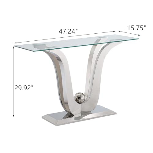 Henf Luxury Glass Console Table Modern 47" Slim Entryway Table with Silver Floral-Shape Stainless Steel Base and Clear Glass Top, Silver Sofa Tables for Living Room Hallway Corridor Office Henf