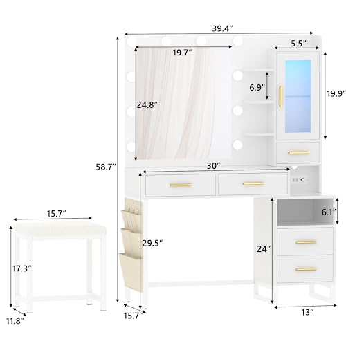 Dnxao Makeup Vanity Desk with Mirror and Lights & Charging Station, White Vanity Makeup Table Set, RGB LED Cabinet, 5 Drawers & Side Storage Bag, Vanity Mirror with Lights Desk and Chair for Bedroom