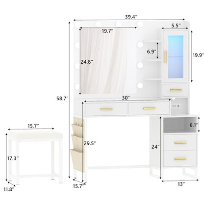 Dnxao Makeup Vanity Desk with Mirror and Lights & Charging Station, White Vanity Makeup Table Set, RGB LED Cabinet, 5 Drawers & Side Storage Bag, Vanity Mirror with Lights Desk and Chair for Bedroom