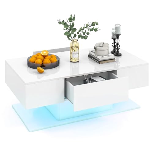 Tangkula LED Coffee Table with 2 Drawers, High Glossy Modern Center Table, 20-Color Dimmable LED Lights & Remote Control, 2-Tier Rectangle Coffee Table for Living Room (with Drawer, White) Tangkula