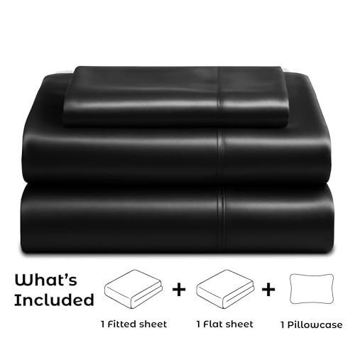 Satin Sheets Twin [3-Piece, Black] Hotel Luxury Silky Bed Sheets - Extra Soft 1800 Microfiber Sheet Set, Wrinkle, Fade, Stain Resistant - Deep Pocket Fitted Sheet, Flat Sheet, Pillow Cases Pure Bedding