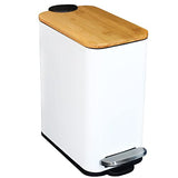 SIDIANBAN Bathroom Trash Can with Bamboo Lid Soft Close and Foot Pedal, Small Rectangular Slim Garbage Can with Inner Wastebasket for Bedroom, Office, Kitchen, 1.3Gal/5L, White SIDIANBAN