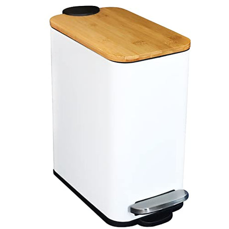 SIDIANBAN Bathroom Trash Can with Bamboo Lid Soft Close and Foot Pedal, Small Rectangular Slim Garbage Can with Inner Wastebasket for Bedroom, Office, Kitchen, 1.3Gal/5L, White SIDIANBAN